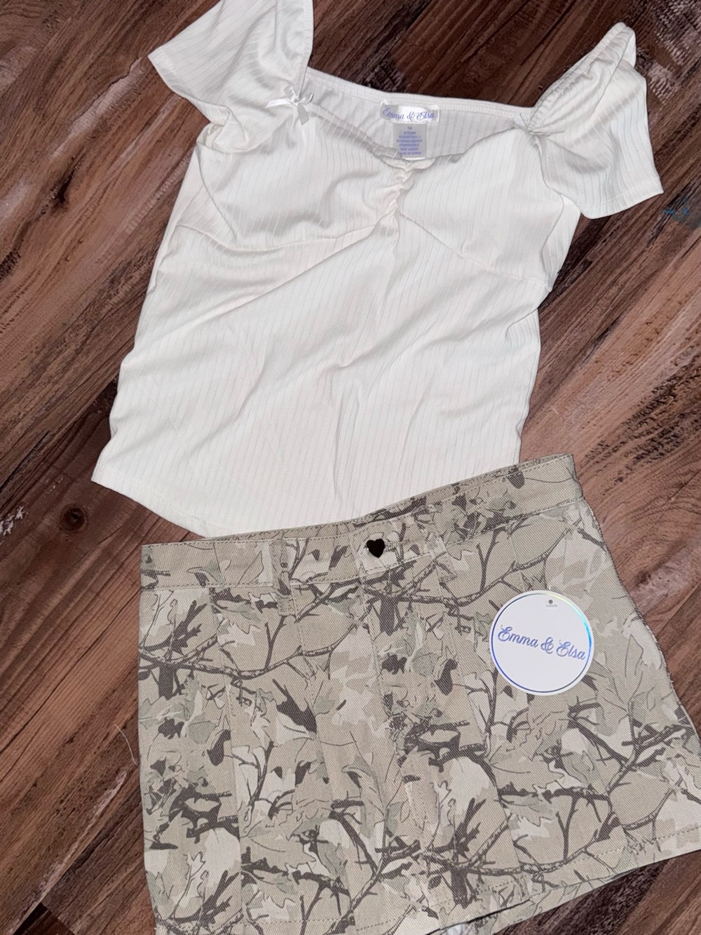 Emma & Elsa Cream Ribbed Top and Beige Camo Skirt Kids Matching Set